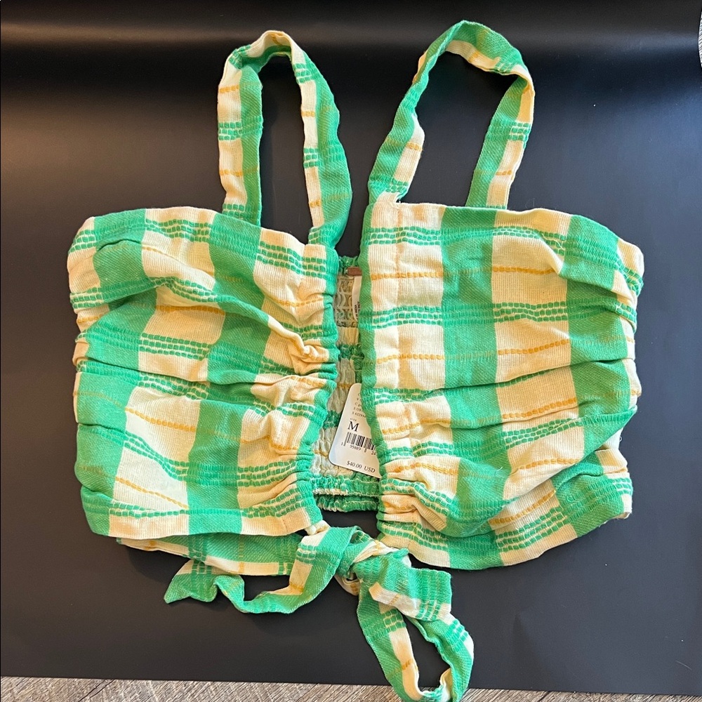 Free People Green and Cream Plaid Tie-Front Top